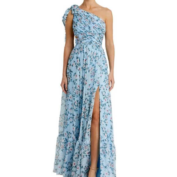 Mac Duggal One-Shoulder Floral Blue Dress